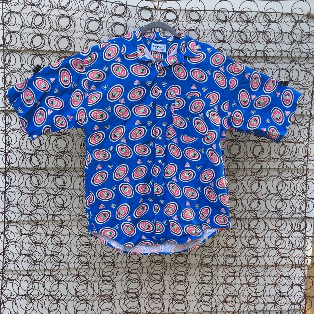 90s Impact blue multi print abstract button down shirt LARGE